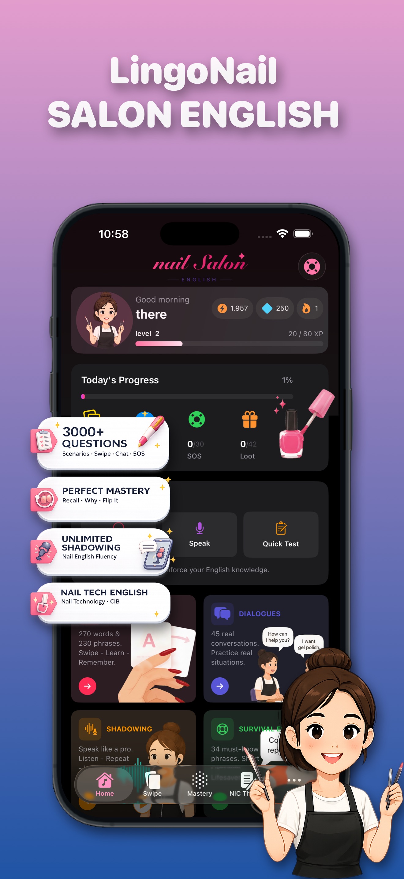 LingoNail Lingo practice screen